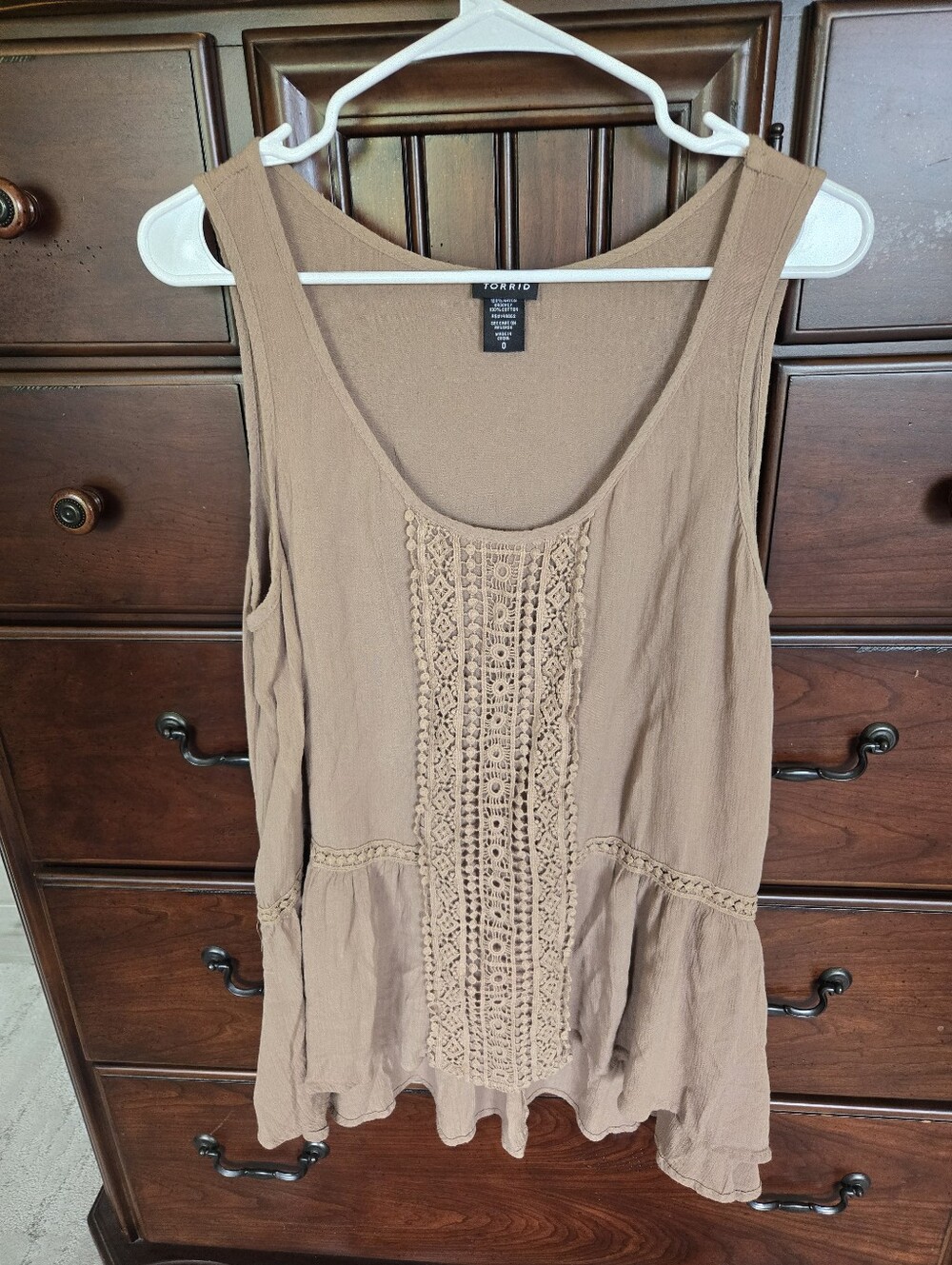 Torrid Taupe Crochet-Front Sleeveless Tank, Sz. 0